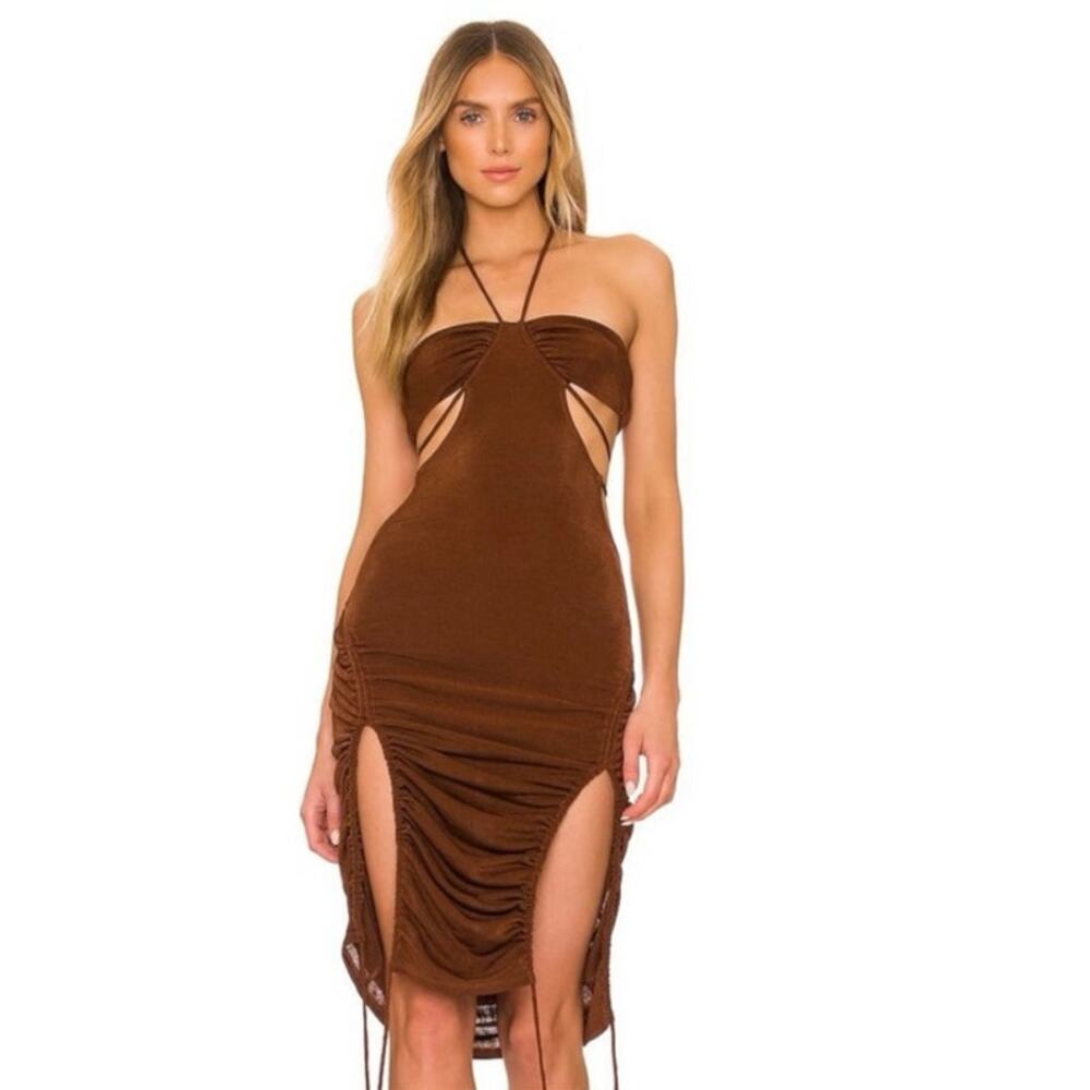 H:ours Jolene Brown Halter Cutouts Slit Ruched Sexy Midi Summer Dress Size S